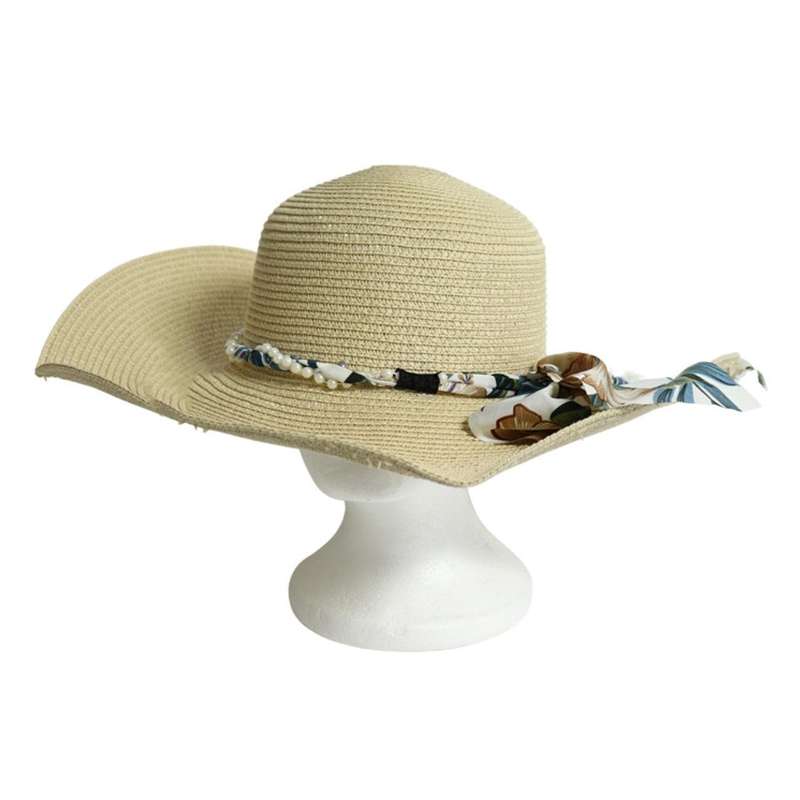 Weaved Hat Pearl And Material Belt - Khaki