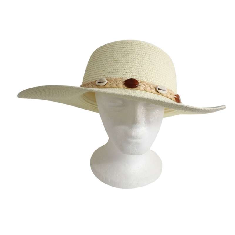 Weaved Hat - White And Beige Braided Band Shells