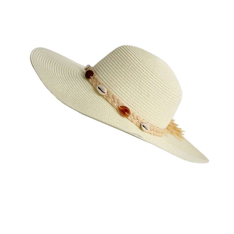 Weaved Hat - White And Beige Braided Band Shells