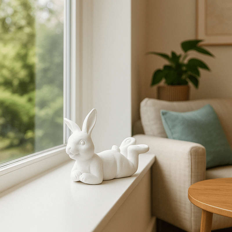 White Bunny Lounging On Tummy