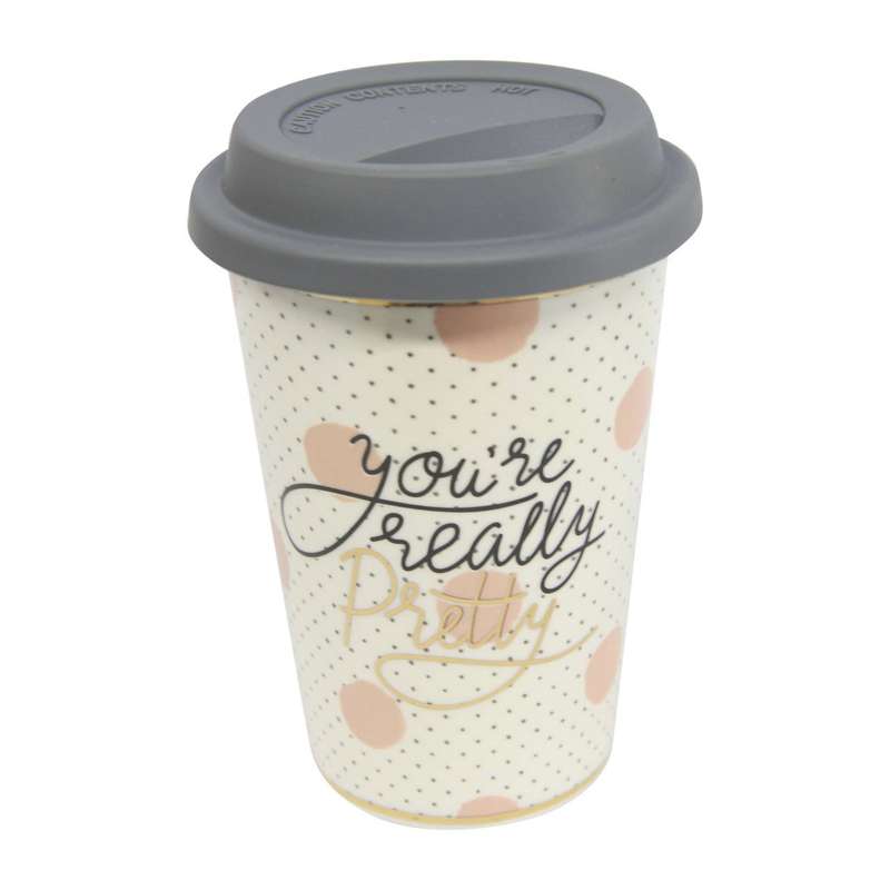 White Ceramic Travel Mug with "You're Really Pretty" Design