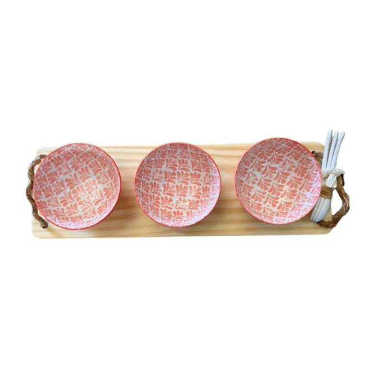 Wood Platter 3 Bowls - Light Red Feather Bow
