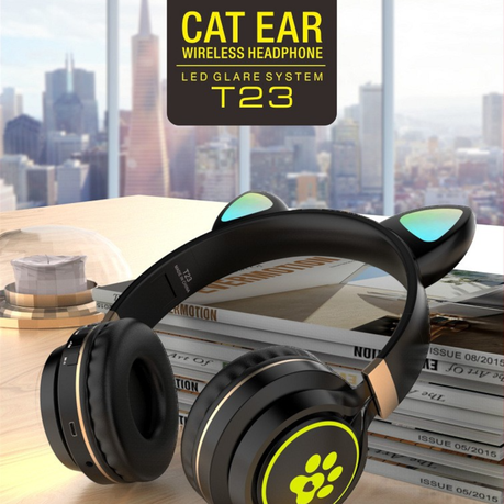 T23 - Foldable Wireless Cat Ear Design LED Display Headset - Black