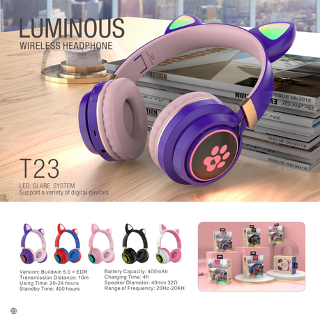 T23 - Foldable Wireless Cat Ear Design LED Display Headset - Black