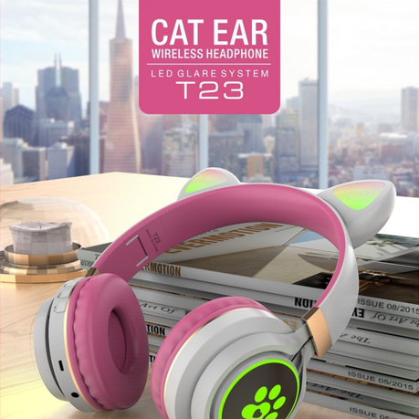 T23 - Foldable Wireless Cat Ear Design LED Display Headset - Black
