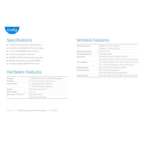Cudy: Dual Band WiFi 6 3000Mbps 5dBi Gigabit Mesh Router | WR3000
