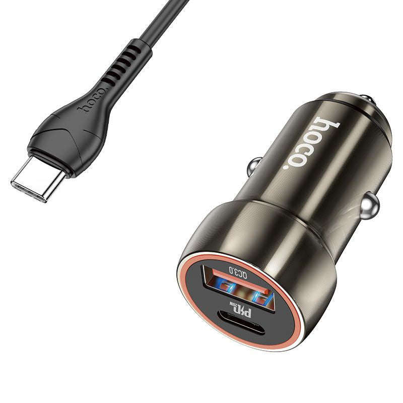 Hoco Z46A PD20W + QC3.0 Car Charger Set with 1M Type-C Cable - Metal Grey