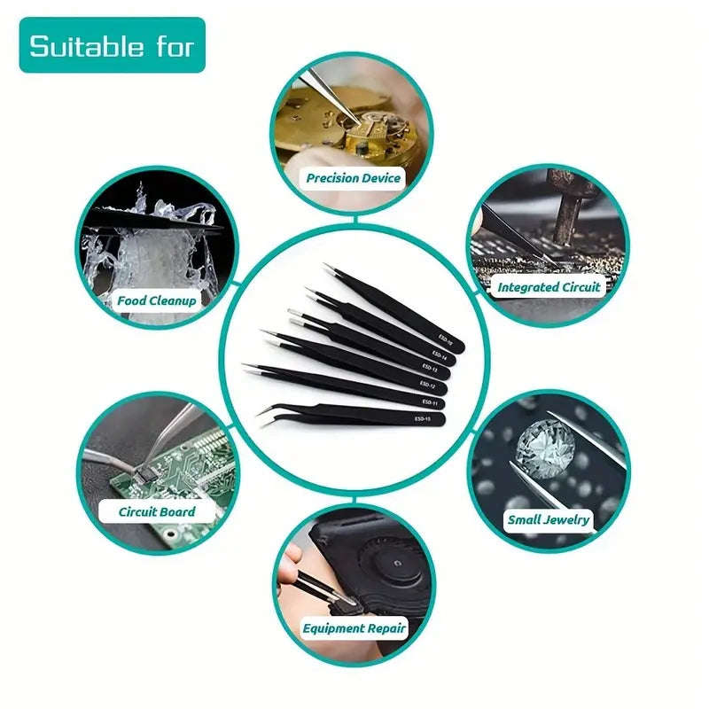 ESD Anti-Static Stainless Steel Tweezers - 6 Piece