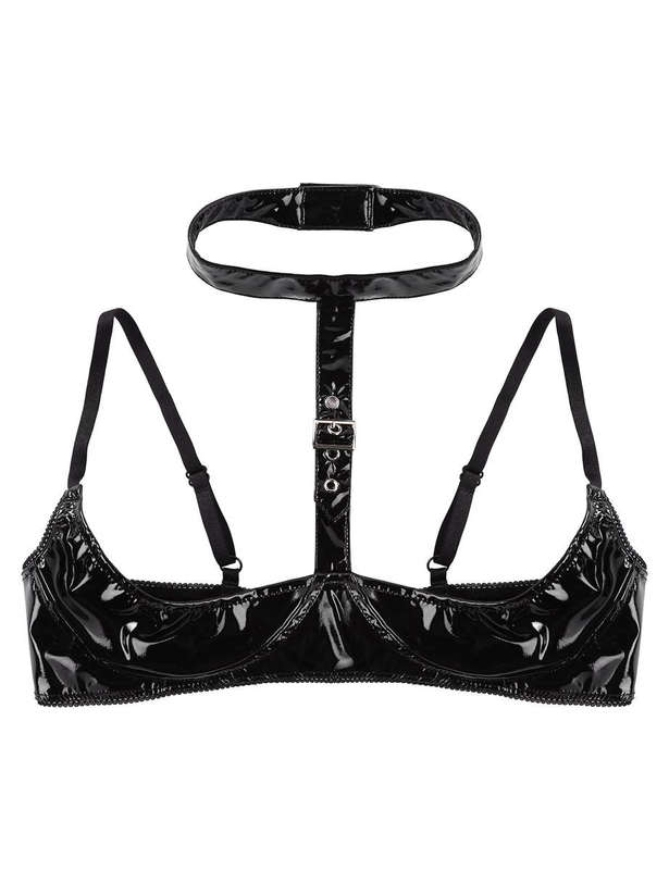 Belle Amoureuse - Women Black Faux Leather PVC Bra & Open Crotch Panty Set