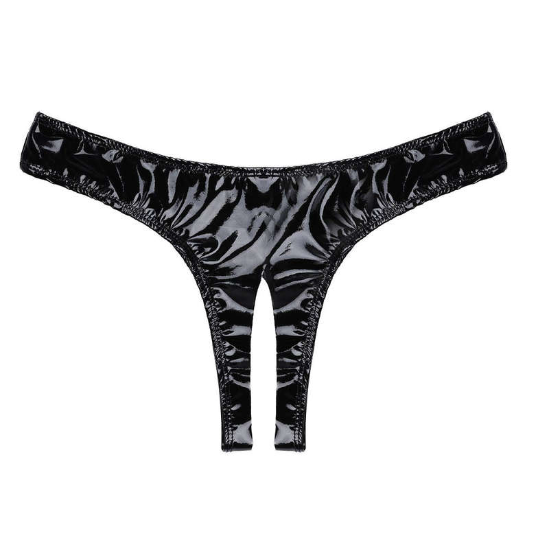 Belle Amoureuse - Women Black Faux Leather PVC Bra & Open Crotch Panty Set