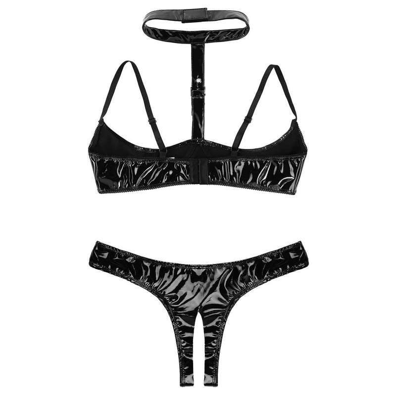 Belle Amoureuse - Women Black Faux Leather PVC Bra & Open Crotch Panty Set