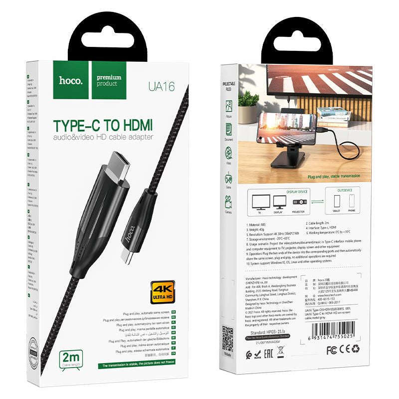 Hoco UA16 Type-C to HDTV cable UltraHD 4K @30Hz, plug and play, 2m
