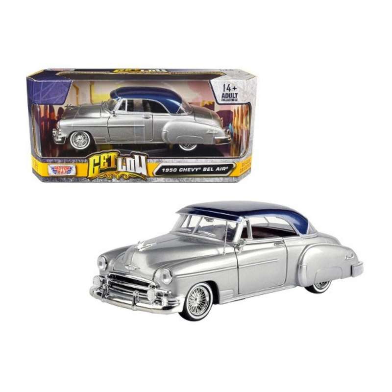 Motormax Get Low Series Diecast Scale Model  1950 Chevy Bel Air Lowrider Silver Metallic with ...