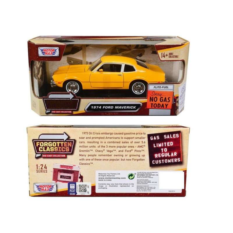 Motormax 1974 Ford Maverick Yellow "Forgotten Classics" Series Scale 1:24 Diecast Model Car