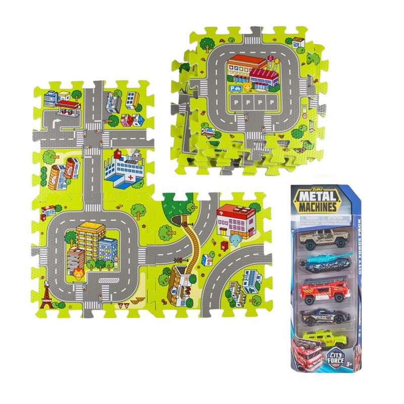 EVA Road Map Mats and 5 Metal Cars