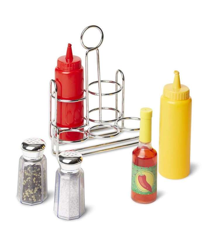 Melissa & Doug Condiments Set (6 pcs) - Play Food, Stainless Steel Caddy