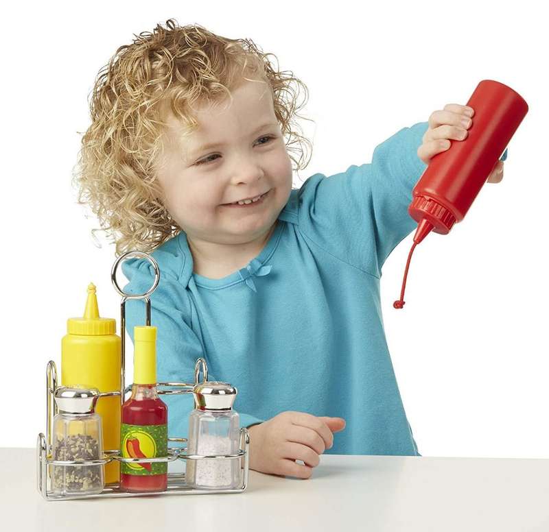 Melissa & Doug Condiments Set (6 pcs) - Play Food, Stainless Steel Caddy