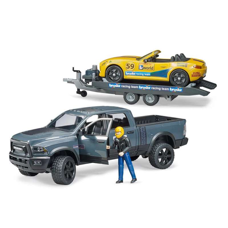 Bruder RAM 2500 Power Wagon with Bruder Roadster, figure and trailer