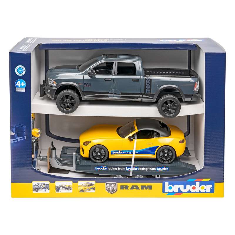 Bruder RAM 2500 Power Wagon with Bruder Roadster, figure and trailer