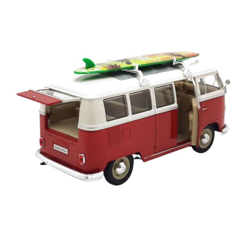 Welly Volkswagen T1 Bus With Surfboard Red 1963 1:24 Scale Diecast Car