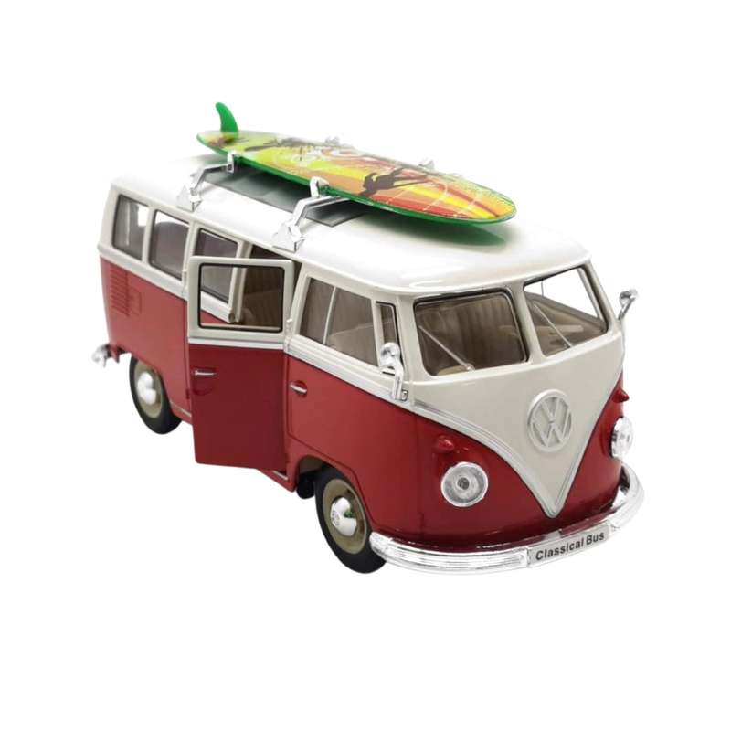 Welly Volkswagen T1 Bus With Surfboard Red 1963 1:24 Scale Diecast Car