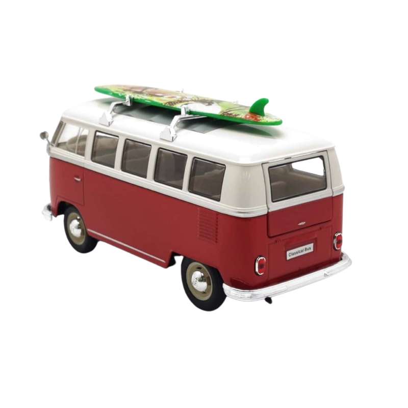 Welly Volkswagen T1 Bus With Surfboard Red 1963 1:24 Scale Diecast Car