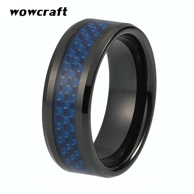 8mm Tungsten Mens Wedding Band Black Beveled Edges Engagement Ring Blue Carbon Fiber Inlay Co... - 7
