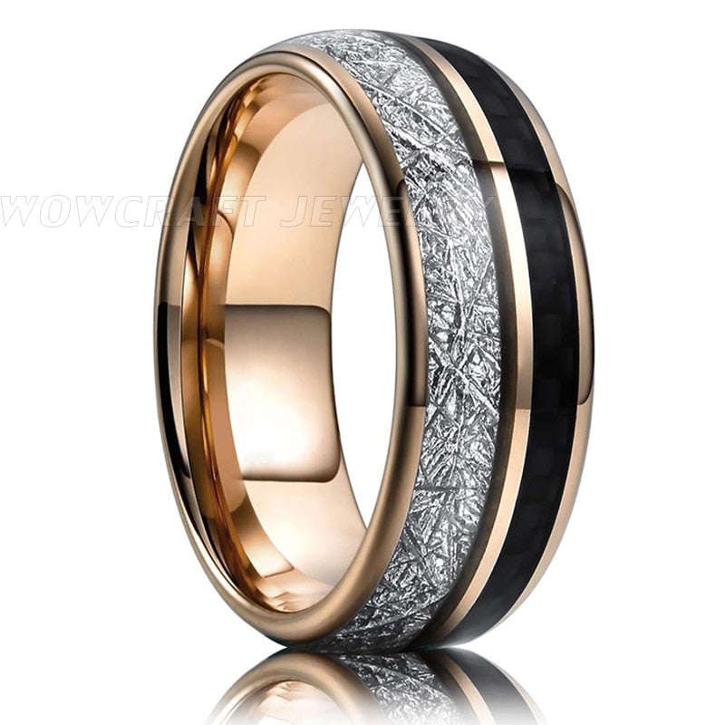 Rose Gold Mens Ring Tungsten Carbide Wedding Band with Carbon Fiber Meteorite Inlay Engageme... - 13