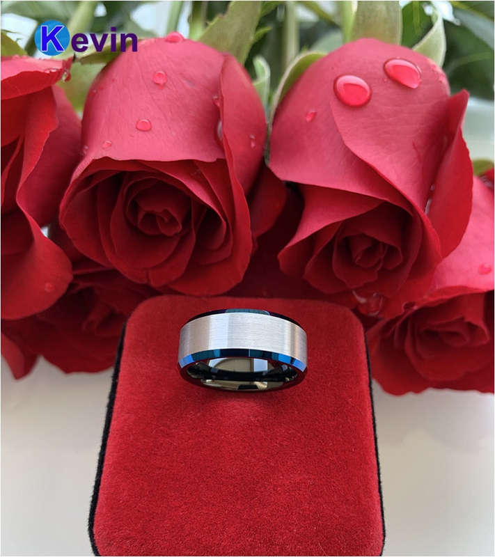 Black Silver Tungsten Carbide Wedding Band Mens Ring Blue Beveled Edges Comfort Fit - 11