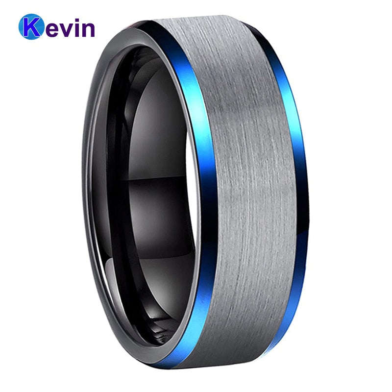 Black Silver Tungsten Carbide Wedding Band Mens Ring Blue Beveled Edges Comfort Fit - 11