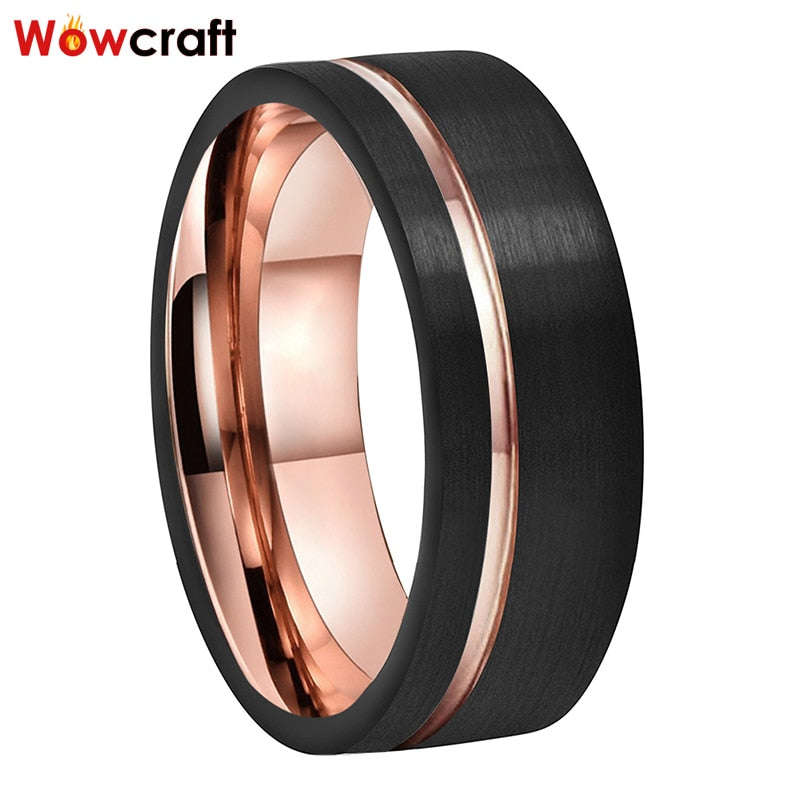 Mens Tungsten Wedding Ring Rose Gold Black Offset Grooved Brushed Ring Two Tone - 5