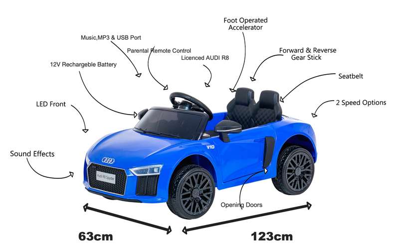 12V Audi R8 Kids Electric Ride on Car | Blue