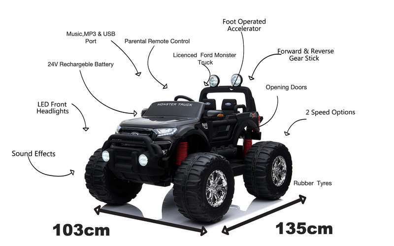 24V Ford Monster truck kids electric ride on car (Black) ride on car, 4 Wheel drive and Rubber tyres