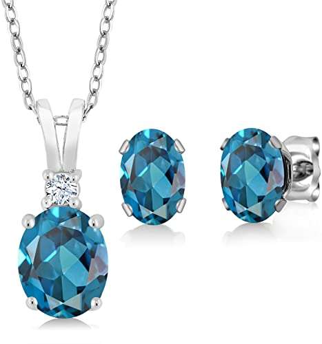London Blue Topaz 925 Sterling Silver Pendant Earrings Set 3.15 Cttw Oval with 18 Inch Silver Chain