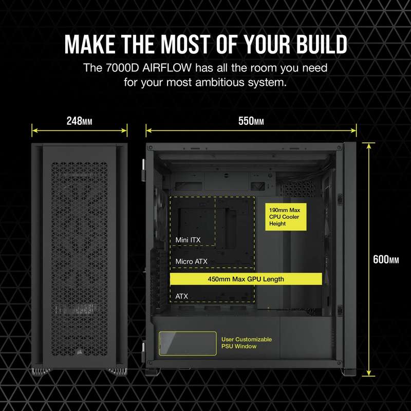 7000D Airflow Black Tempered Glass Mid-Tower; 6x 3.5'' |  4x 2.5'' Drive Bays ; 480mm Radiator Co...