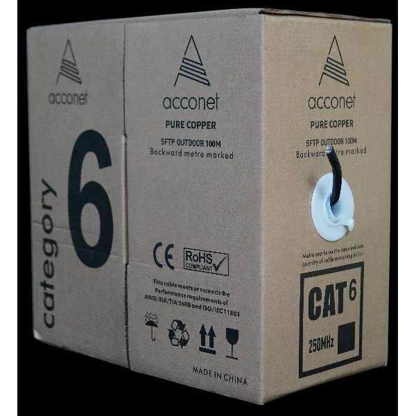 Acconet CAT6 Solid Copper 100m Roll UV protected Outdoor SF/TP Cable Black  | CAT6U-100-SC