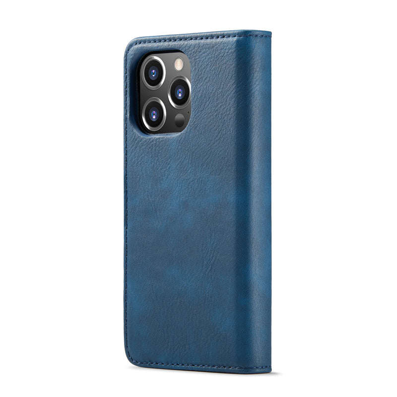 DG.MING Two-Folding Cowhide Texture Case for iPhone 15 Pro Max Blue