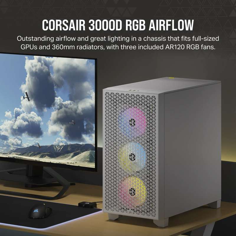 3000D RGB AIRFLOW White Mid-Tower PC Case; 2x 3.5'' |  2x 2.5'' Drive Bays; Up to 360mm Radiator ...
