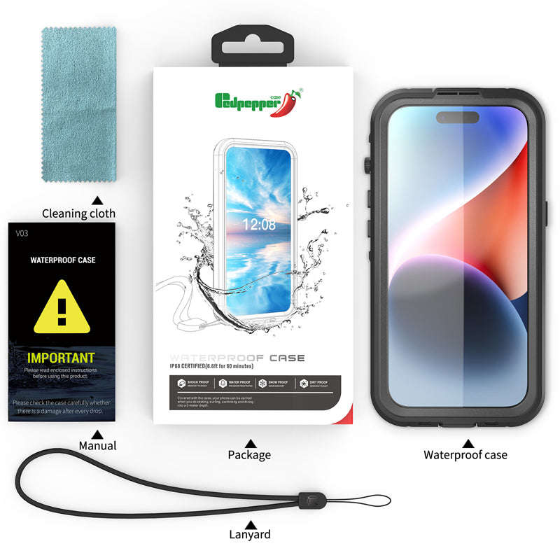 Redpepper IP68 Waterproof Shockproof Case for iPhone 15 Black