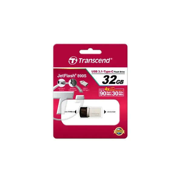 TRANSCEND 32GB JETFLASH 890 USB-C & USB 3.1 OTG FLASH DRIVE - SILVER