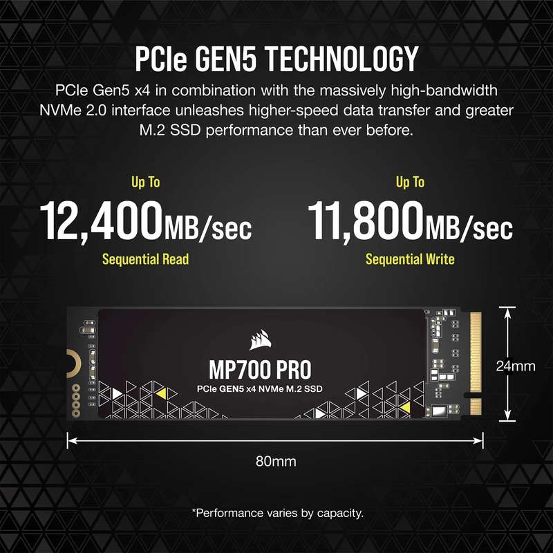 Corsair MP700 PRO 1TB M.2 NVMe PCIe Gen. 5 x4 SSD (no heatsink); Read Up To 11 700MB/s; Write up ...