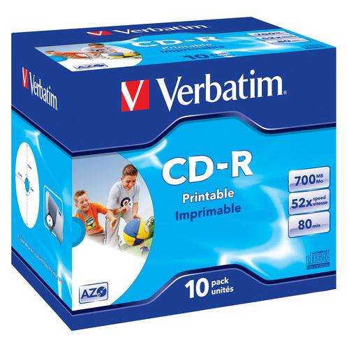 VERBATIM 700MB  CD-R (52X) - PRINTABLE JEWEL CASE (BOX OF 10)