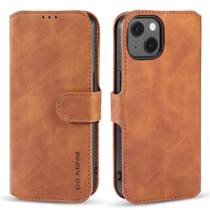 DG.MING Retro Oil Side Horizontal Flip Case for iPhone 13 6.1" Brown