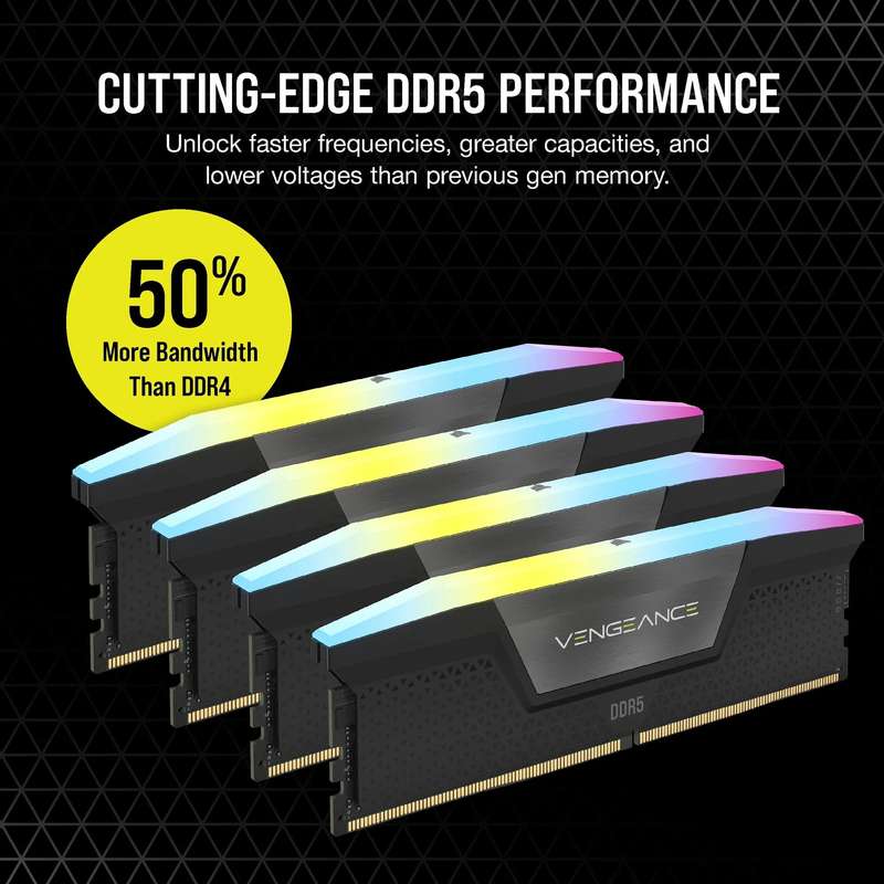 Corsair VENGEANCE® RGB 128GB (4 x 32GB) DDR5 DRAM 5600MHz C40 Memory Kit; 40-40-40-77; 1.25V Int...