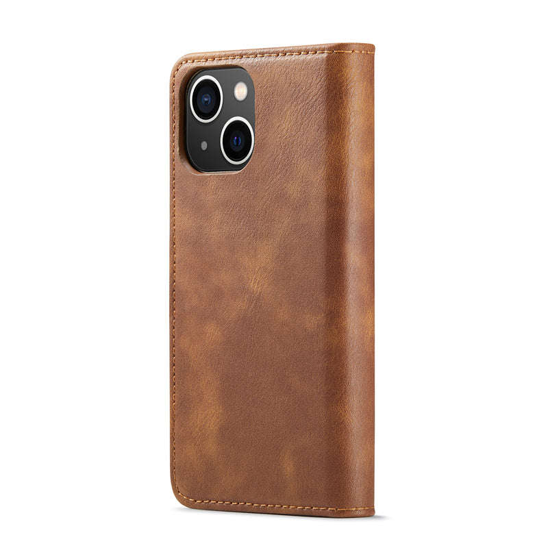DG.MING Two-Folding Cowhide Texture Case for iPhone 15 Plus Brown