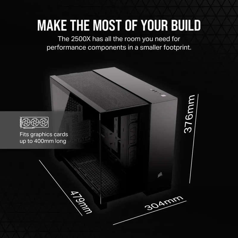 2500D Airflow Black Mid-Tower Dual Chamber PC Case; 2x 3.5'' |  2x 2.5'' Drive Bays; Up to 360mm ...