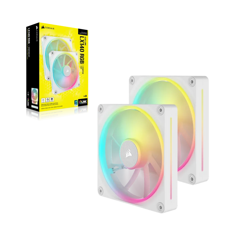 Corsair LX RGB Series; iCUE LINK LX140 RGB White; 140mm Fan; Dual Pack; iCUE LINK System Hub Incl...