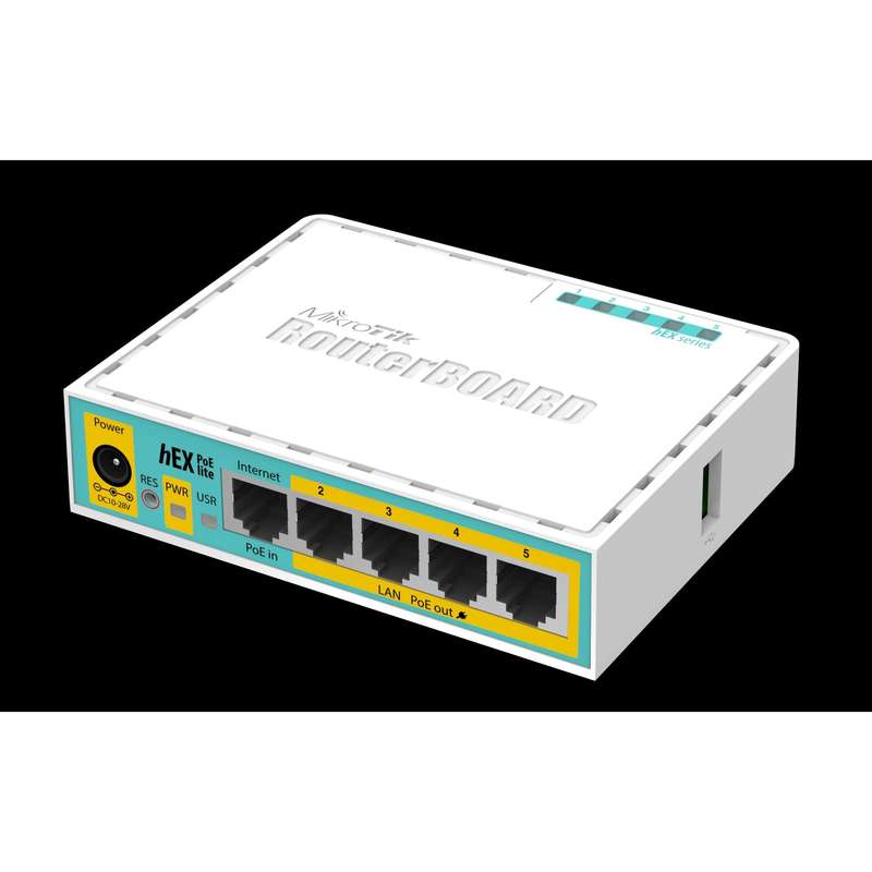 MikroTik hEX PoE Lite - Desktop PoE Router with 5 10/100 LAN ports and 1 USB port