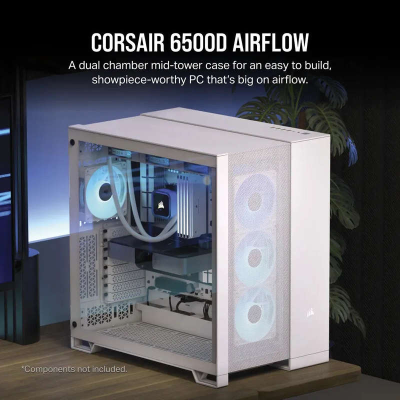 6500D Airflow White Tempered Glass Mid-Tower; 2x 3.5'' |  2x 2.5'' Drive Bays; Up to 360mm Radiat...