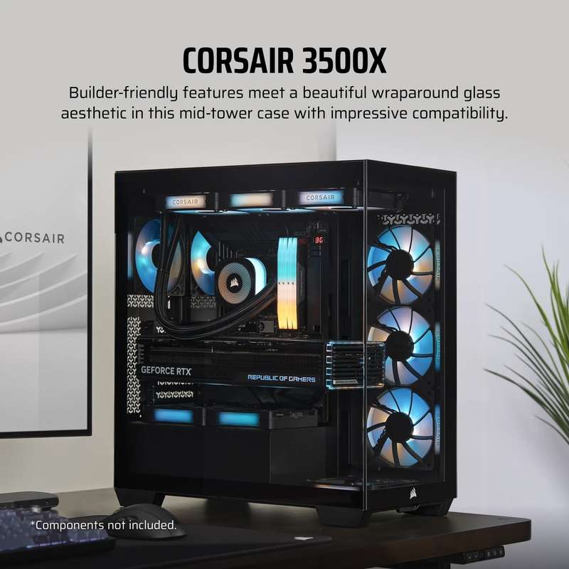 3500X Tempered Glass Black Mid-Tower PC Case; 2x 3.5'' |  2x 2.5'' Drive Bays; Up to 360mm Radiat...